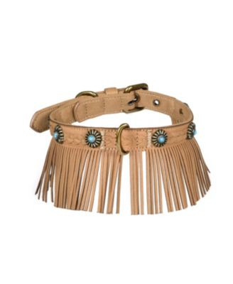 Silver-Powered Freshness Microfiber Suede Dog Collar in Midnight Black– Fringed Style with Turquoise Studs