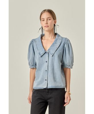 Women's Deep V-Neck Button Up Denim Shirt