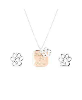 Two-Tone Paw Print Dog Tag Rose Gold Plated Pendant Necklace & CZ Accent BFF Stud Earrings Set Sterling Silver