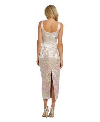 Women's Slim Strap Scoop Neck Bustier Brocade Midi Dress