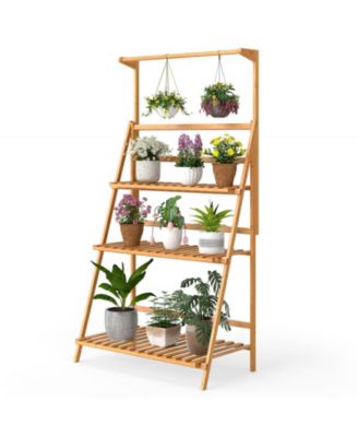 3 Tier Bamboo Hanging Plant Stand with Height Adjustable Hanger Rod