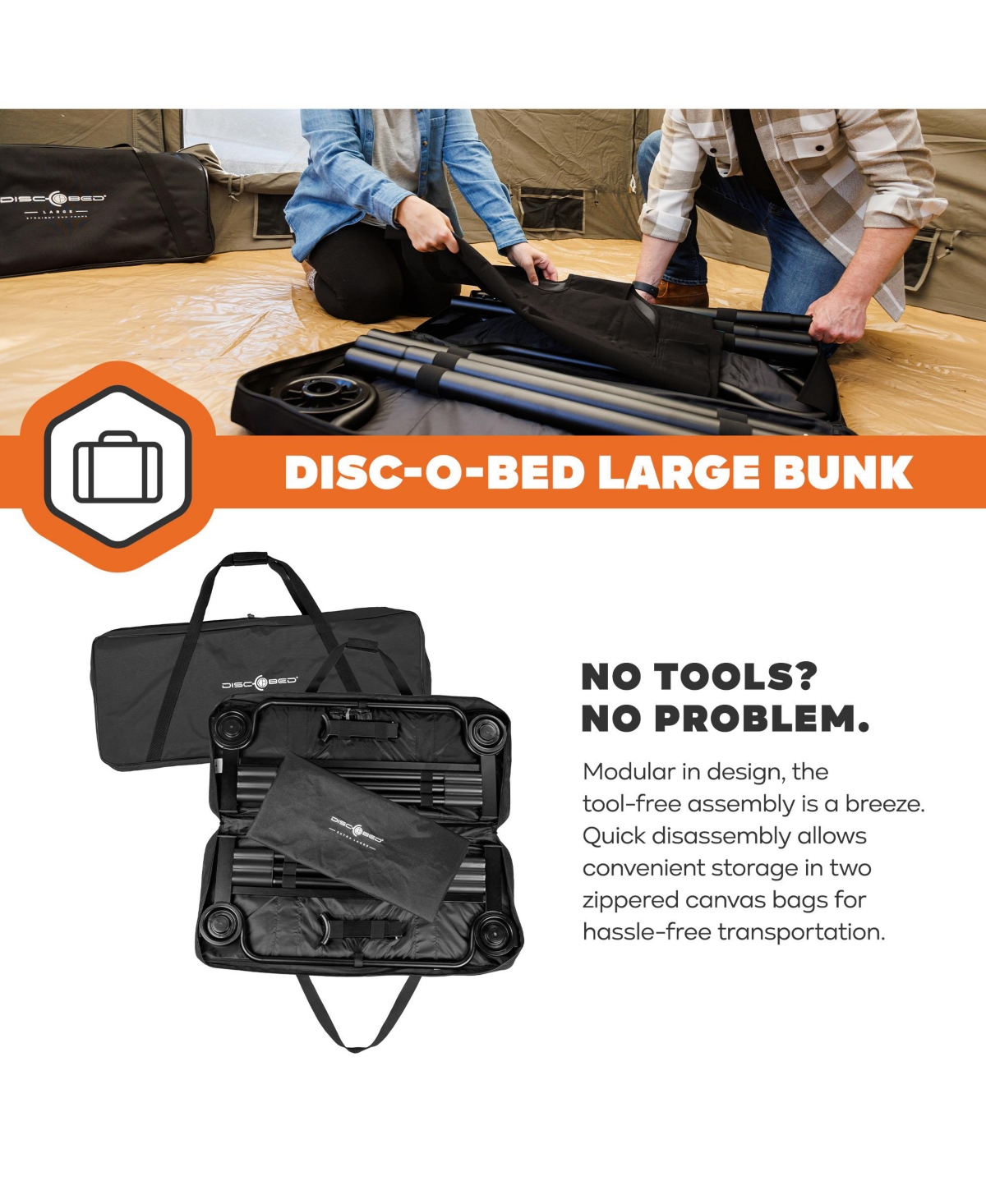 Disc-o-Bed Large Outdoor Convertible 2 Person Portable Camping Bunk Cots, Black