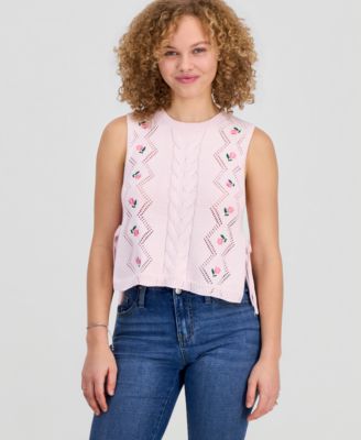 Juniors' Embroidered Floral Side-Tie Sleeveless Sweater