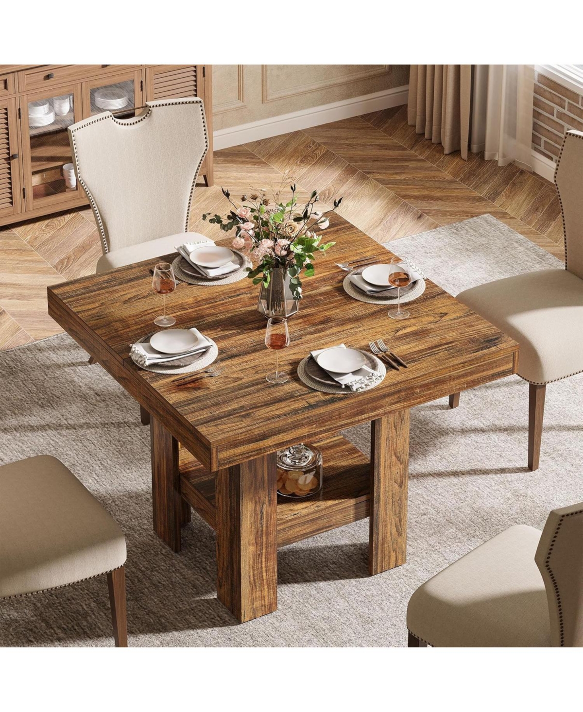 Tribesigns 31.5" Square Dining Table for 4, Small Kitchen Table with Shelf Storage, Brown