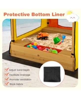 Large Wooden Sandbox with Canopy, Mesh Windows, and Bottom Liner