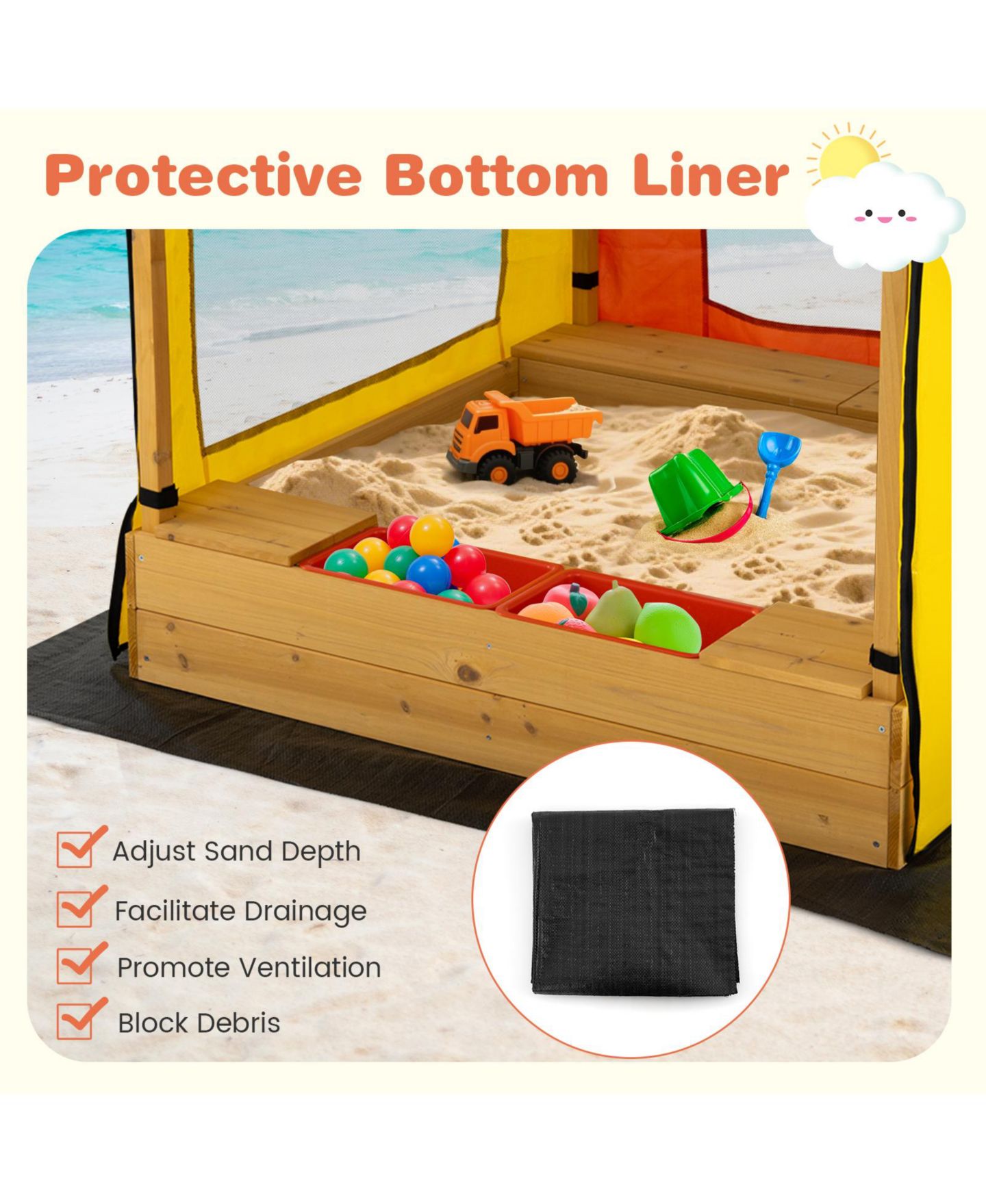 Детская игрушка HONGGE Large Wooden Sandbox with Canopy and Mesh Windows, Ages 3+ — фото 7