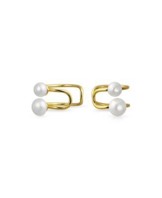 Set of 2 Dainty Ribbon Bow & Spiral Pearl Wrap Helix Cartilage Ear Cuff Earrings Gold Plated Sterling Silver