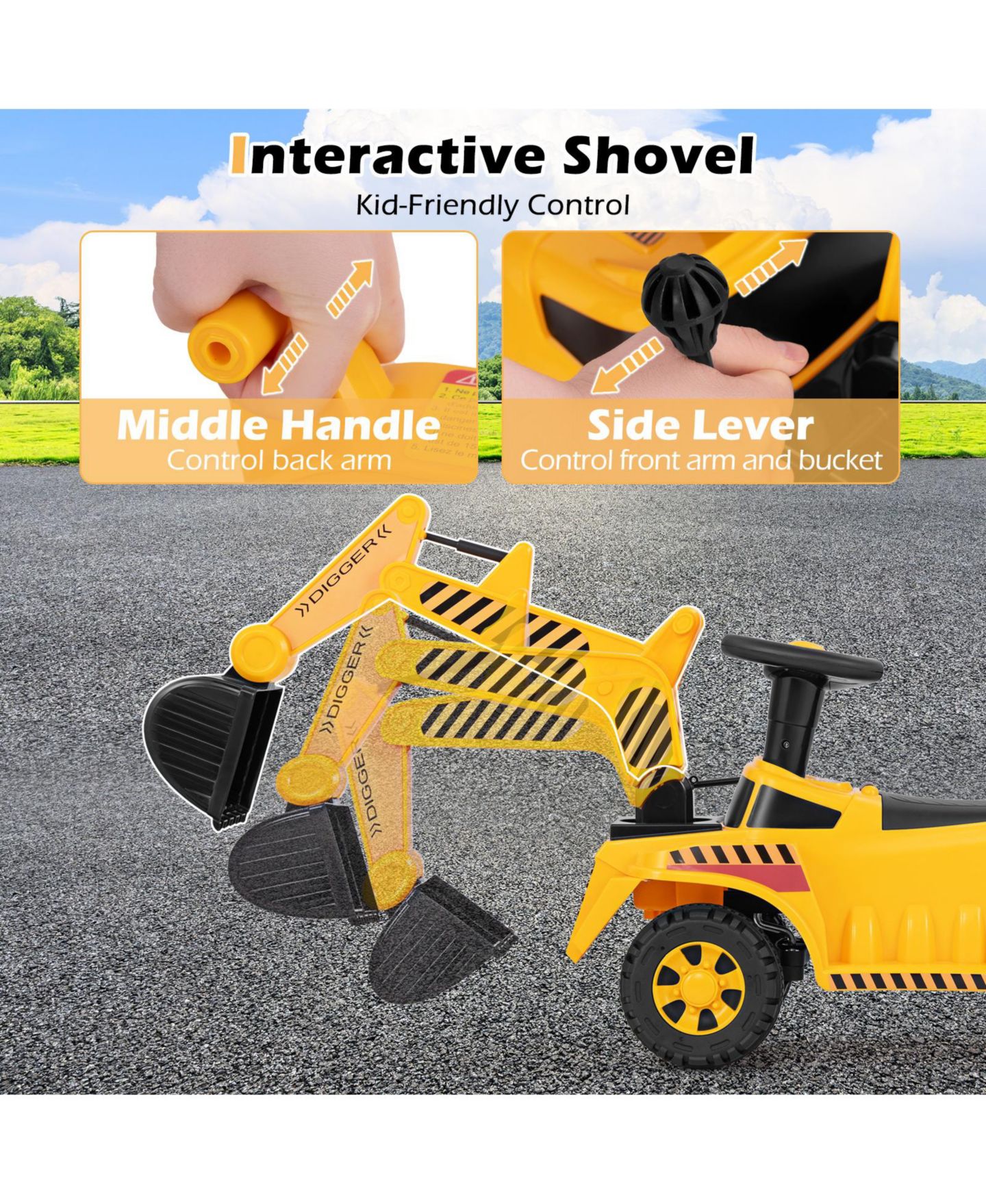 Детская игрушка HONGGE Kids Ride-On Excavator Toy with Adjustable Shovel and Foot-Pedal Control, Ages 1.5+, цвет: Жёлтый чёрный — фото 9