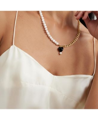 “Kuro” Necklace — Gold Chain & Freshwater Pearl Half Design Inspired by Japanese Kimono