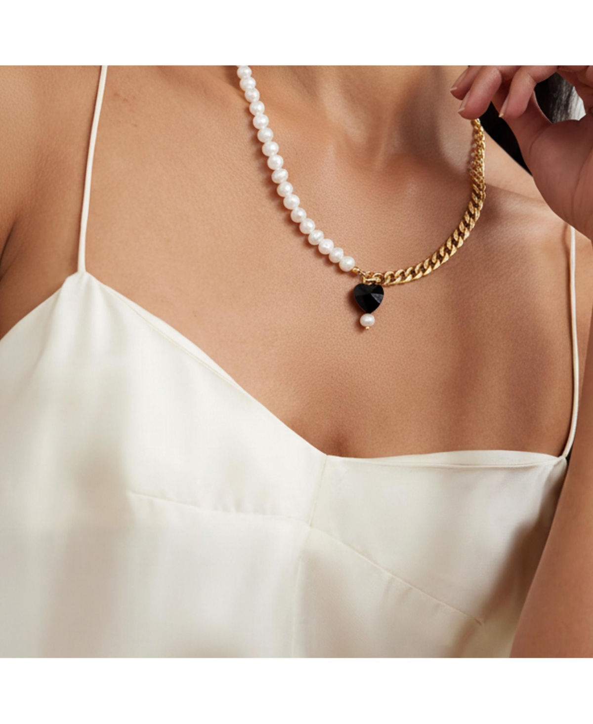 Joey Baby 18K Gold Plated Chain, Freshwater Pearls with Black Heart Charm - Kuro Necklace 17" For Women