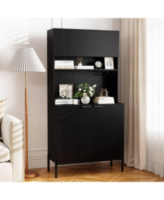 64.5” Kitchen Pantry Cabinet with Charging Station Wine Glass Rack Adjustable Shelf