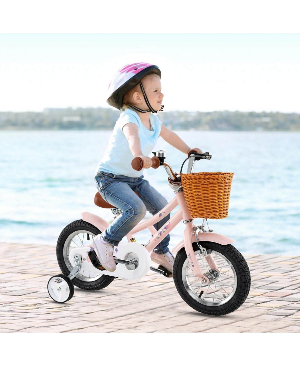 Hongge 12-Inch Retro Kids Bike with Basket, Adjustable Height, and Training Wheels for Ages 3–8 - Pink