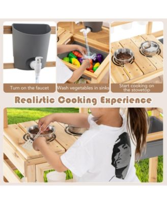 Outdoor Wooden Mud Kitchen Playset with Sink and Plant Observation Area - Natural