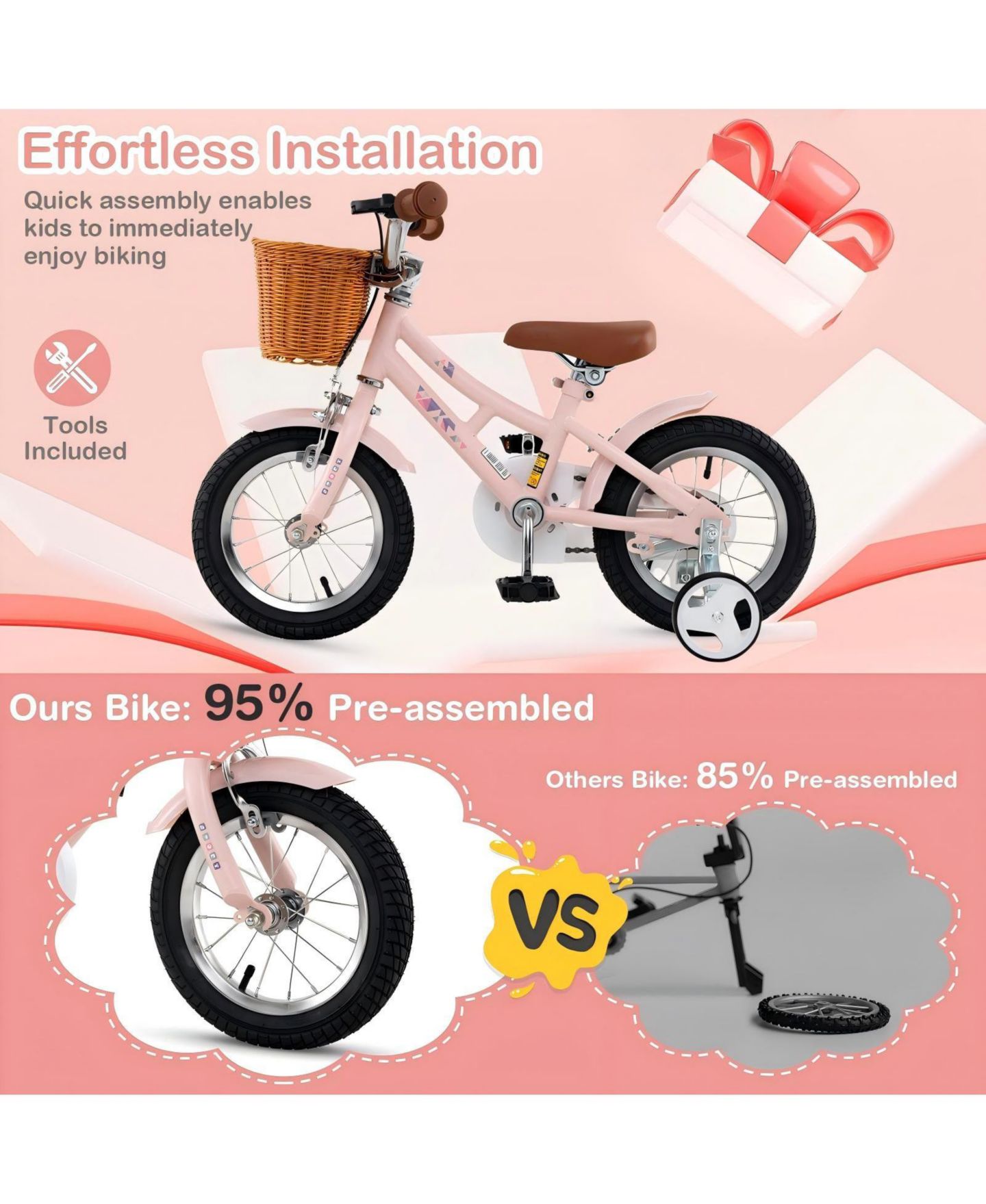 Детская игрушка HONGGE 12-Inch Retro Kids Bike with Training Wheels and Adjustable Height, Ages 3–8, цвет: Розовый — фото 10