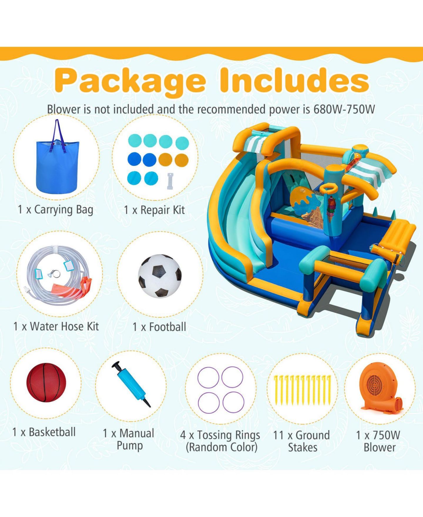 Детская игрушка HONGGE Inflatable Water Slide Bounce House with Ice Cream Theme, Splash Pool and 750W Blower, Ages 3+, цвет: Colorful — фото 10