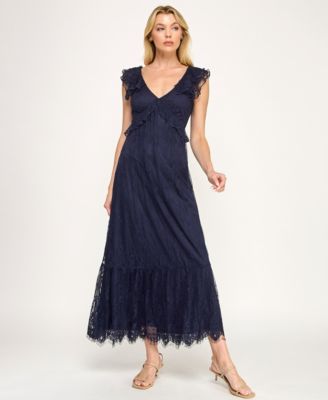 Juniors' V-Neck Ruffle Bust Lace Midi Dress