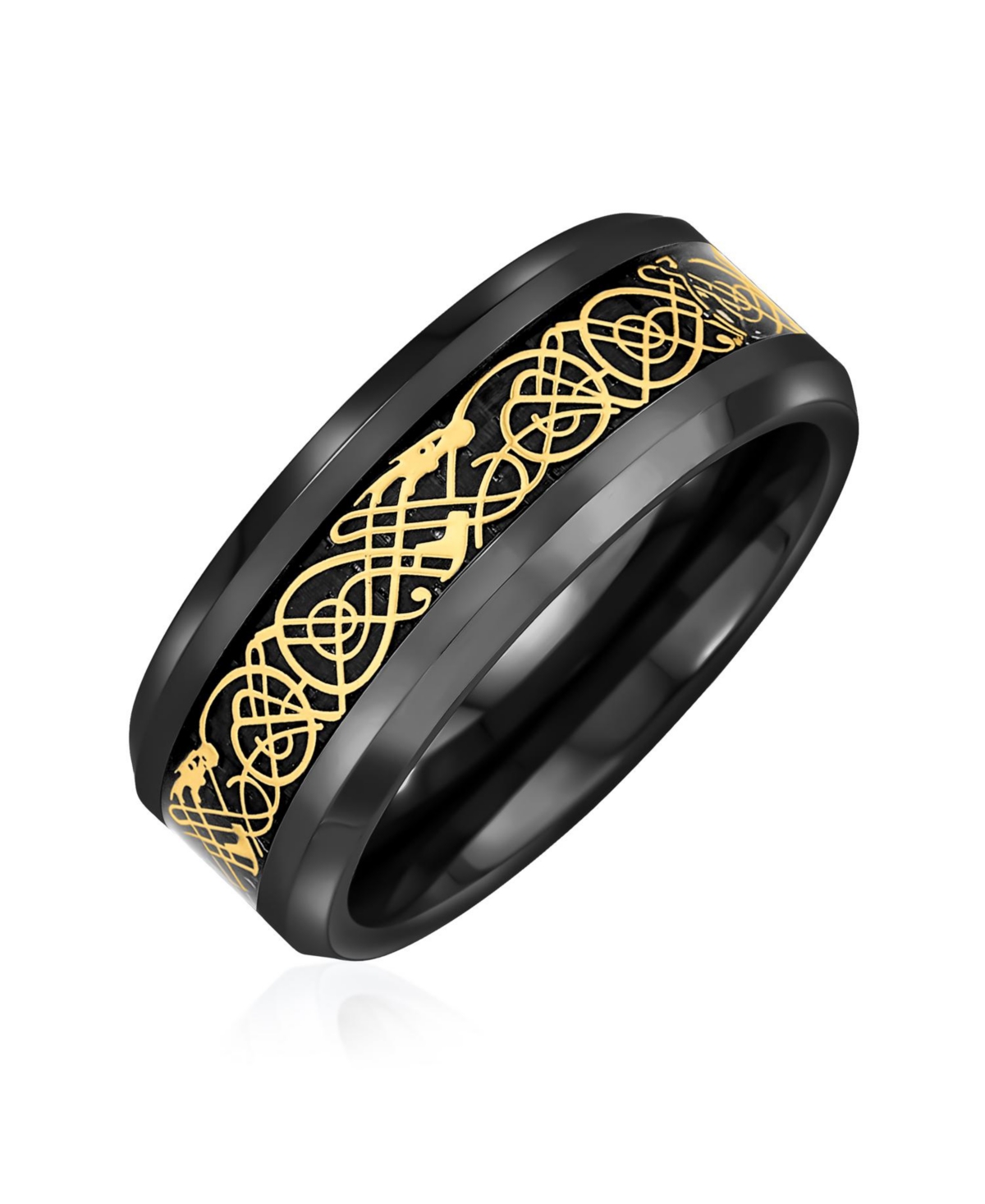 Bling Jewelry Two-Tone Celtic Dragon Knot Carbon Fiber Inlay Band Ring 8MM Titanium