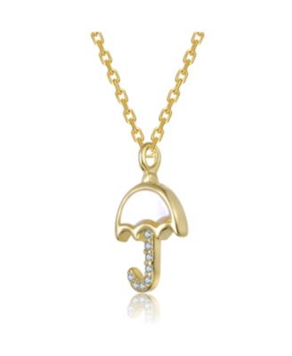 14K Gold Plated With Mother Of Pearl & Clear Cubic Zirconia Umbrella Design Pendant Necklace For Kids