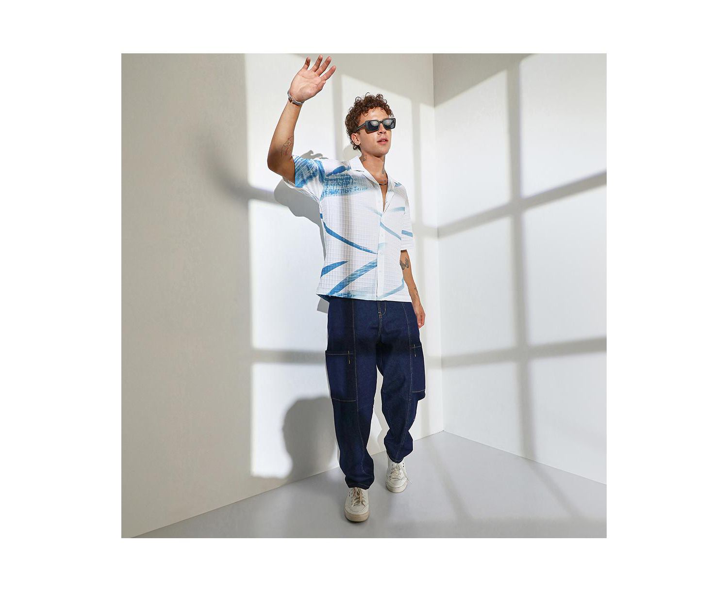 Men's Sky Blue & Chalk White Stroked Waffle Oversized Shirt