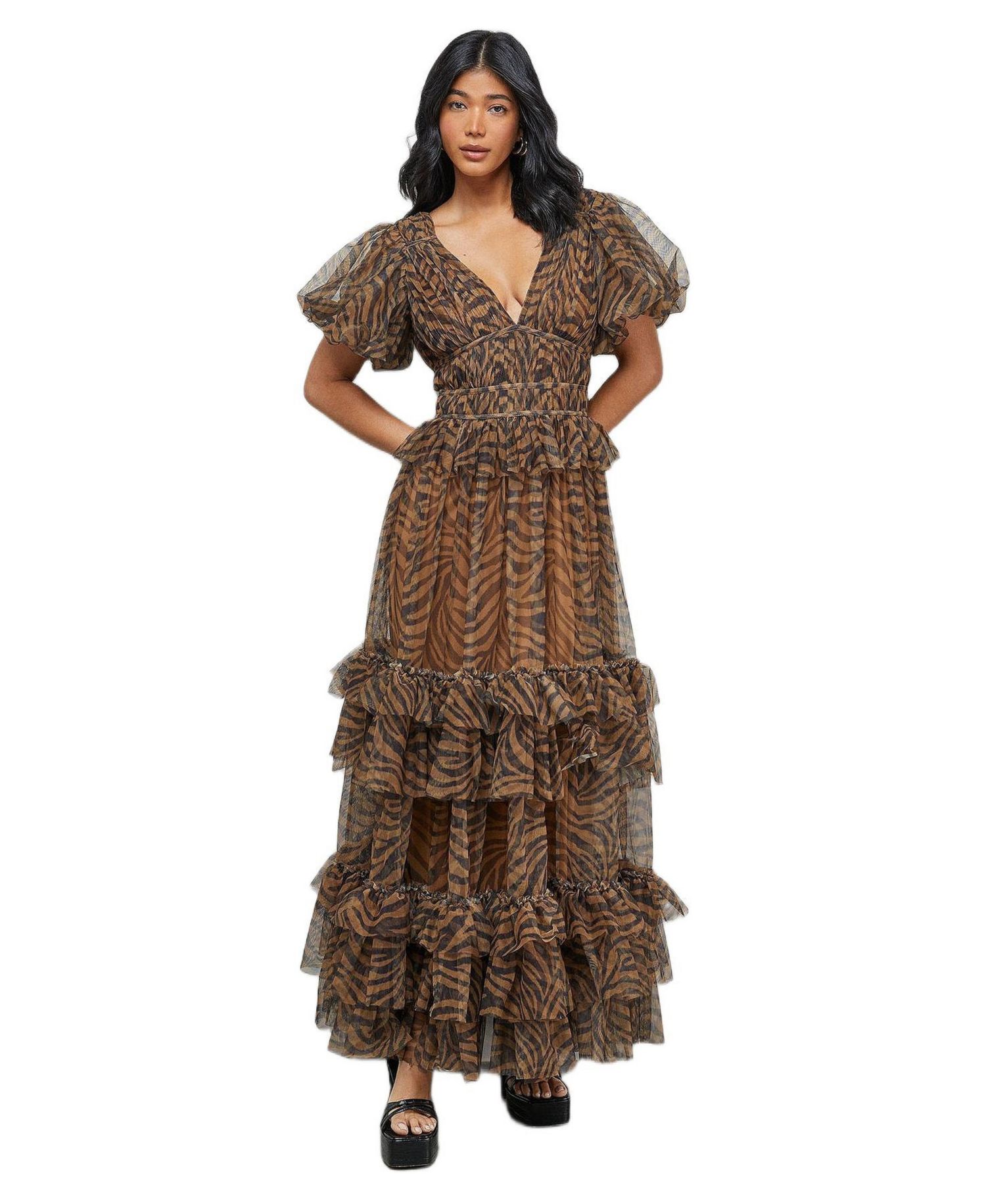 Women's Zebra Print Tulle Ruffle Maxi Dress