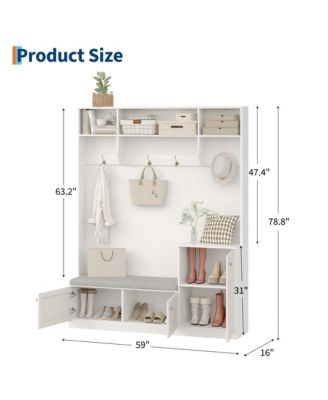 Hall Tree with Bench and Shoe Storage, 3-in-1 Farmhouse Entryway Bench with Coat Rack, 4 Hooks, 4 Shoe Cubbies & 3 Open Compartments