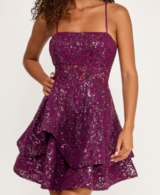 Juniors' Sequined Lace Spaghetti Strap Square-Neck Dress