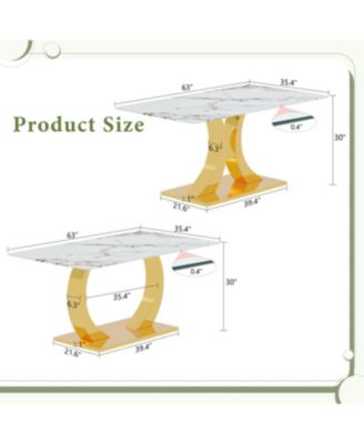 Streamdale Transformable Stainless Steel Gold Base Dining Table, 63"x35", White Glass Top