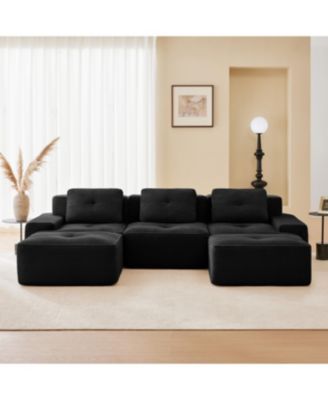 Streamdale Modern U-Shaped Corduroy Sectional Sofa with Movable Ottoman, Black