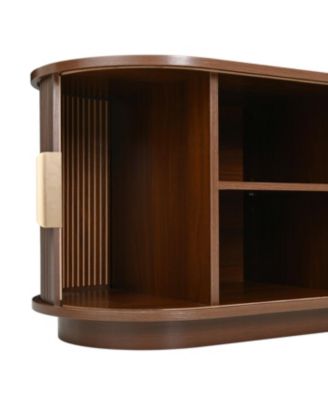 Farmhouse Black Wooden TV Stand with Sliding Tambour Door & Golden Handle