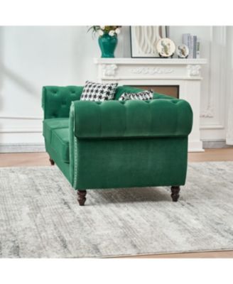 Chesterfield Velvet Sofa with Roll Armrest & Nailhead, Green