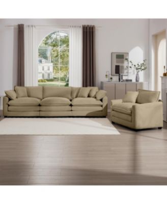 Mid-Century Modern Tan Corduroy Sectional Set with Pillows