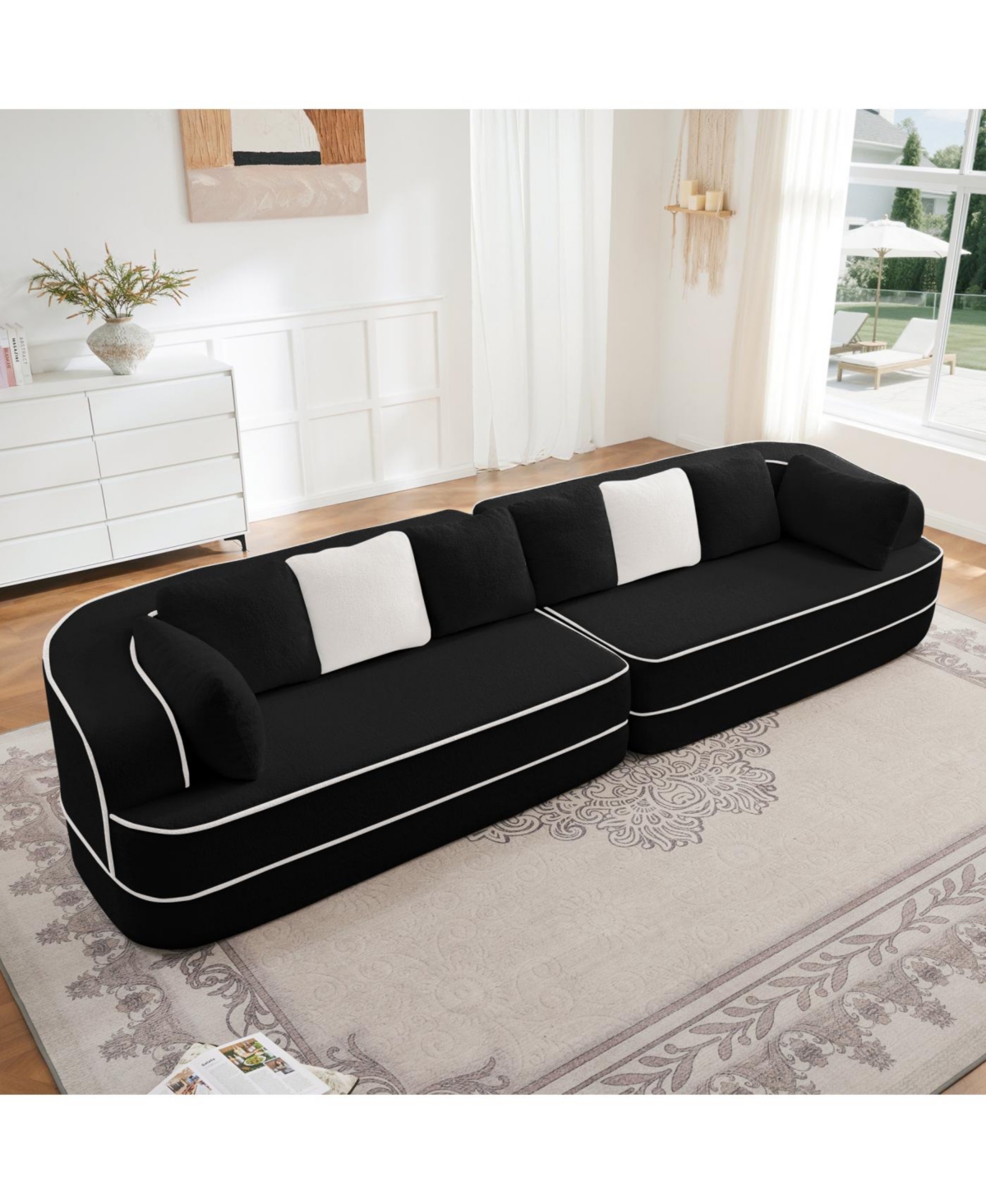 Streamdale Furniture Streamdale Teddy Fabric 4-Seat Sofa, No Assembly, 32D High Density Sponge, Black