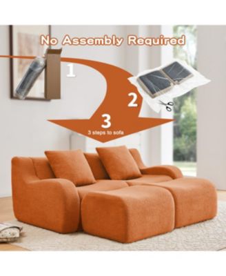 Soft Teddy Fabric Boneless Sofa, Anti-Slip, Curved Armrests, Ergonomic Support, Orange