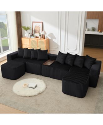 137.5" U-Shaped Sofa, USB/Wireless Charge, Cup Holder Table, Movable, 6 Seats, Black