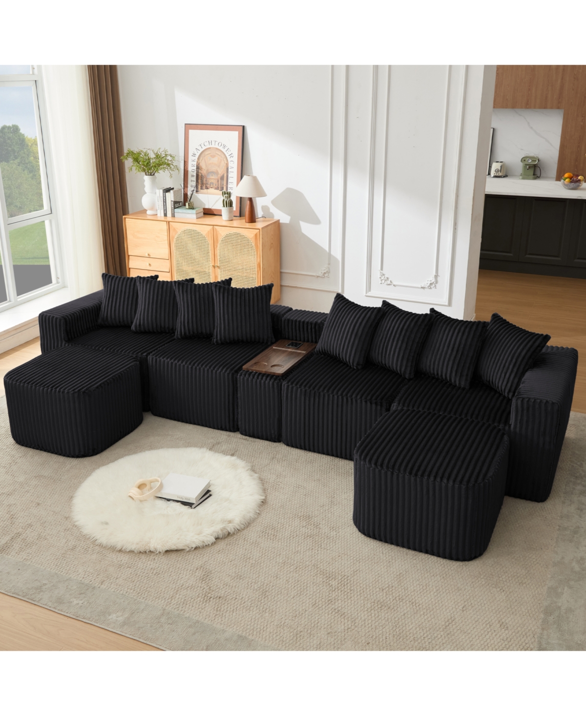 Streamdale Furniture 137.5" U-Shaped Sofa, Usb/Wireless Charge, Cup Holder Table, Movable, 6 Seats, Black