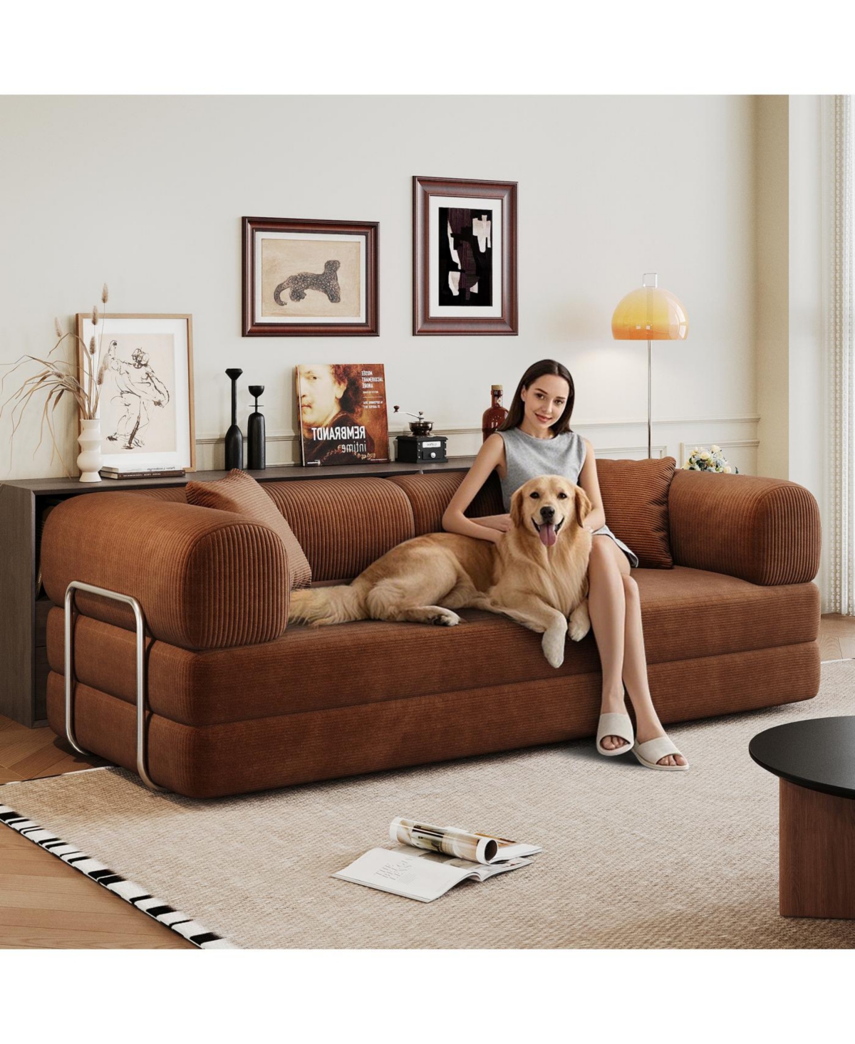 Streamdale Furniture Streamdale Corduroy Compression Sofa Bed with Pillow Back Support, Brown