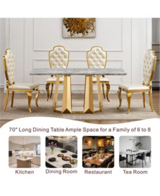 Streamdale Marble Dining Table for 6, 70" Rectangle Faux Marble w/ Mirrored Stainless Steel Base (Gold, Gray