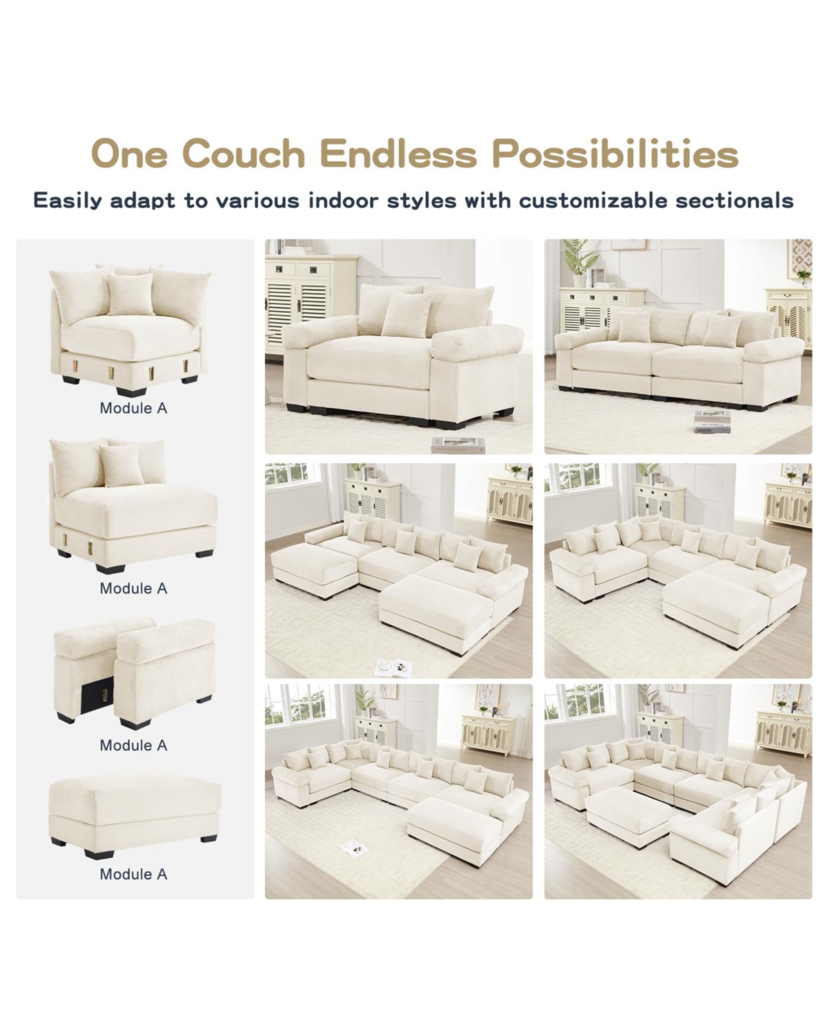 Streamdale Furniture Oversized Cloud Modular Sectional Couch, Convertible, Deep Seat