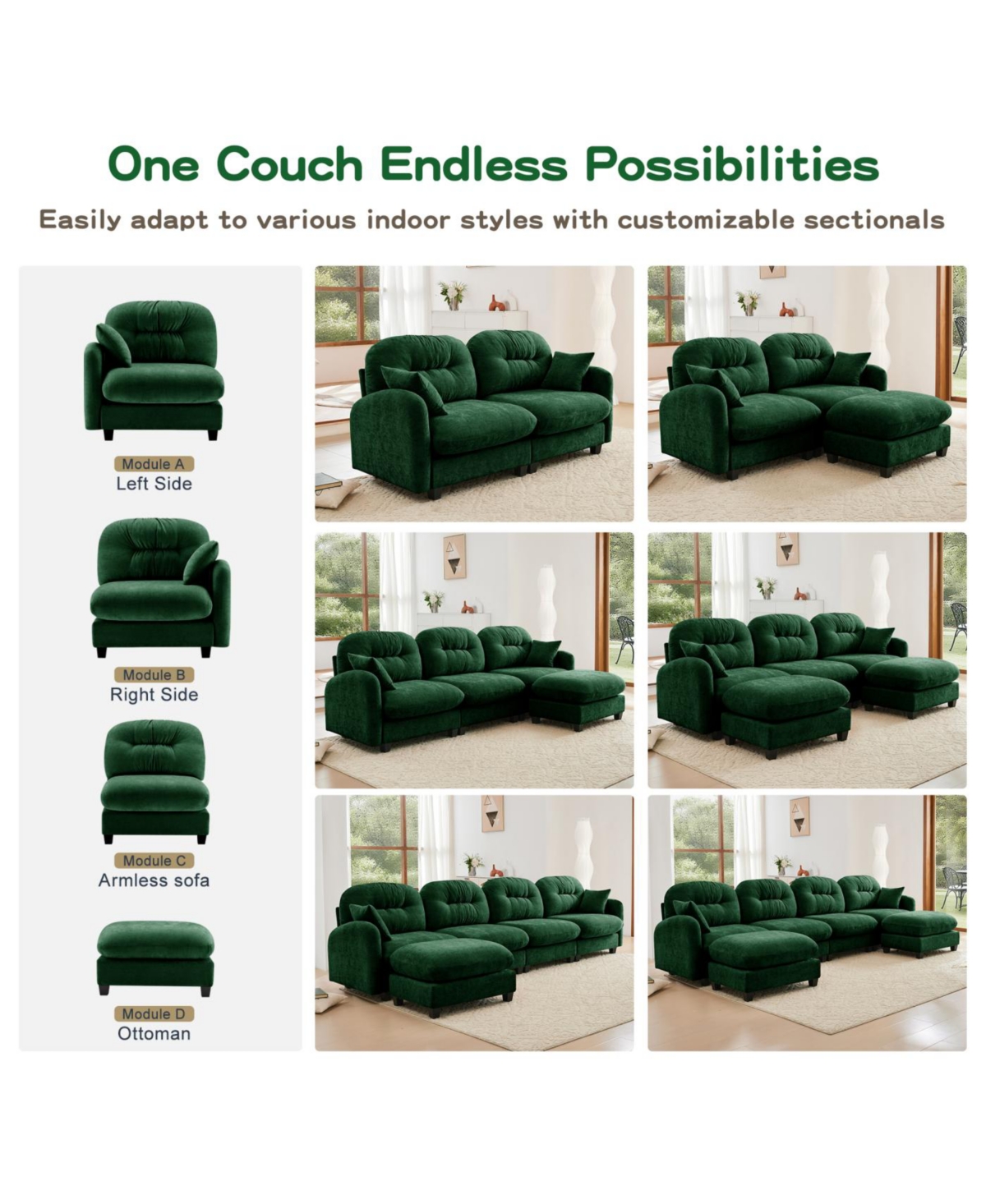 Streamdale Modular U-Shaped Chenille Couch with Ottoman & Pillows, Green