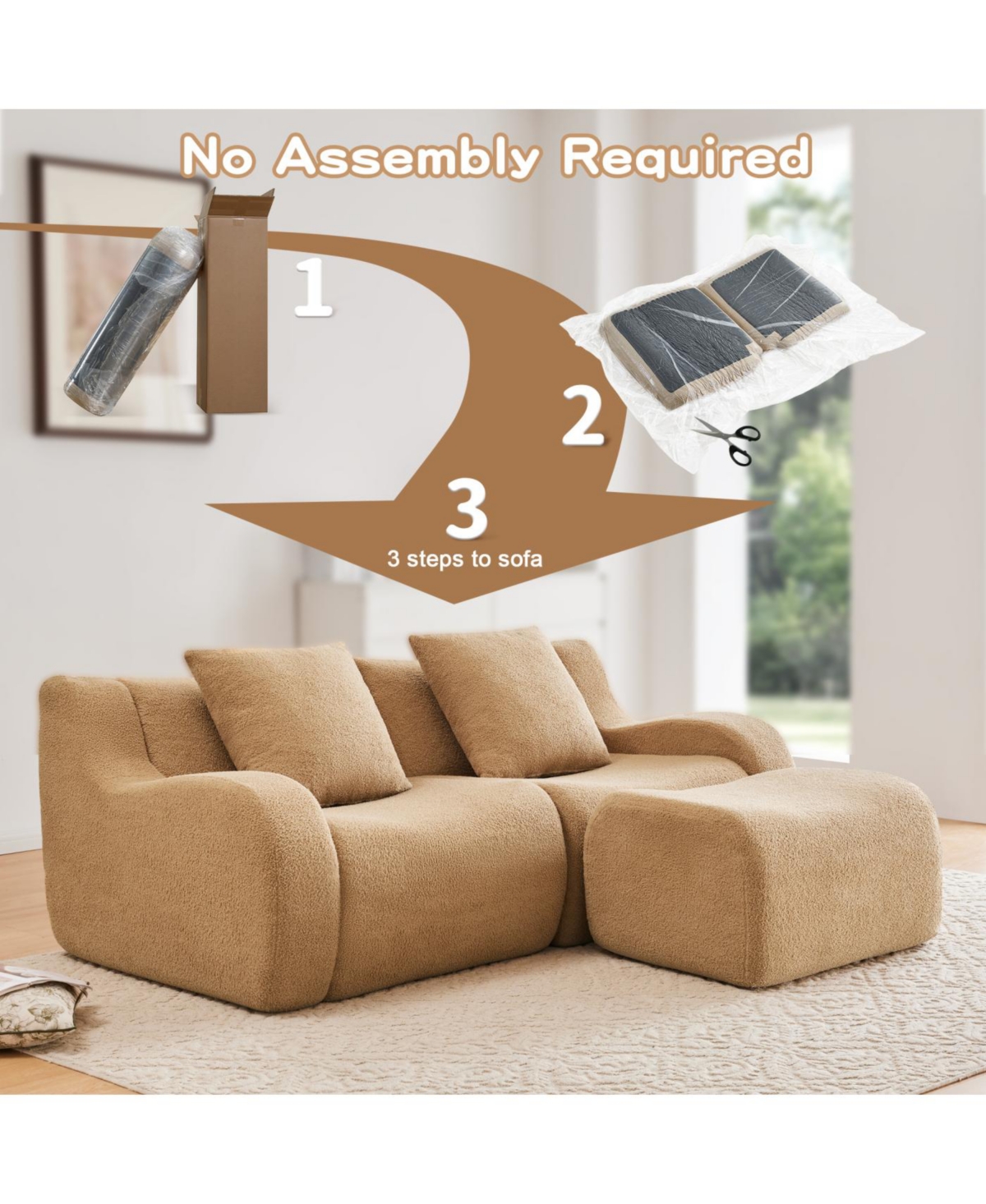 Streamdale L-Shaped Teddy Fabric 2-Seat Boneless Sofa, Camel