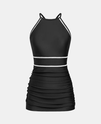 Women's Mock Neck Sporty Crisscross Straps One Piece Swim Dress