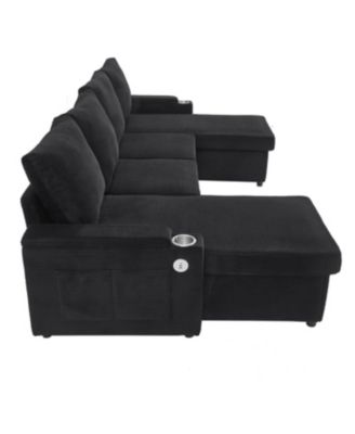 Streamdale Convertible U-Shaped Sectional Sofa with Storage, Cup Holders & USB Ports, Black