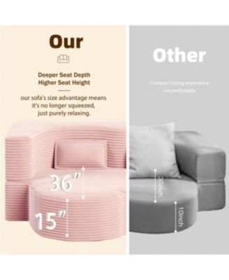 Streamdale Modern Floor Sofa with 2 Pillows, Convertible Plush Corduroy Sleeper Sofa Bed, Pink