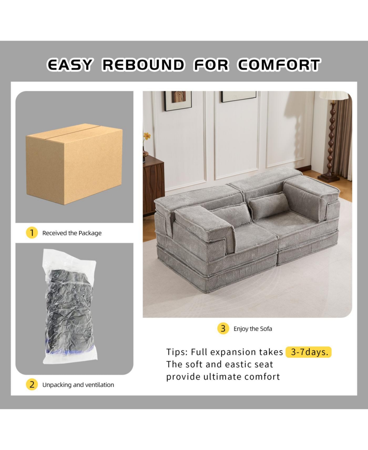 Streamdale Furniture Streamdale Compression Sofa, Convertible Floor Sofa Bed, Modular Sectional Sofa, Light Grey