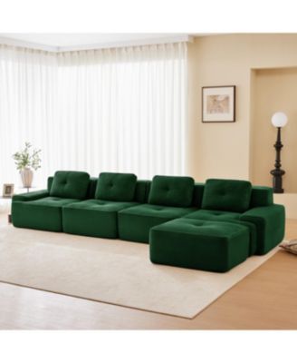 Streamdale Modern L-Shaped Corduroy Sectional Sofa with Movable Ottoman - Green