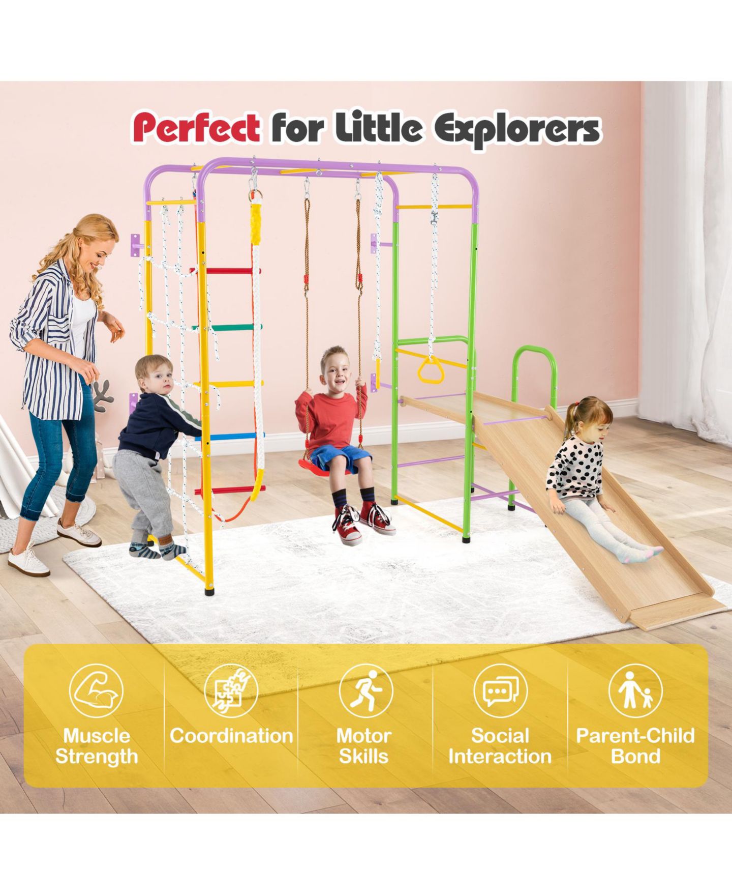 Детский игровой набор HONGGE 8-in-1 Metal Indoor Jungle Gym Playset with Monkey Bars, Climbing Wall, Slide & Swing, Ages 3+ — фото 8