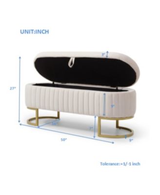 Velvet Oval Upholstered Storage Bench with Golden Metal Legs, 50" Beige