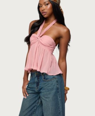Women's Pleated Chiffon Babydoll Halter Top