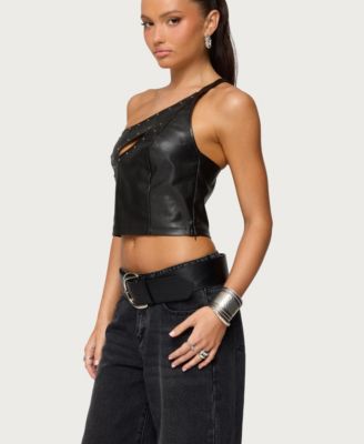 Womens Asymmetric Cutout Faux Leather Top