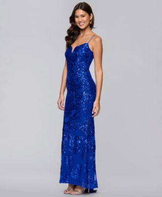 Juniors' Long Sequin Rose Patterned Notched Gown